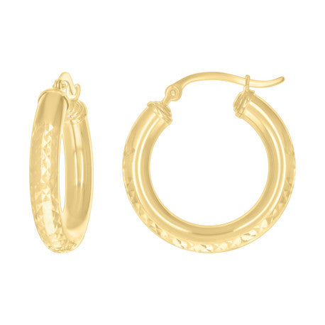 14K GOLD ROUND TUBE DIAMOND CUT HOOP 4MM EARRINGS